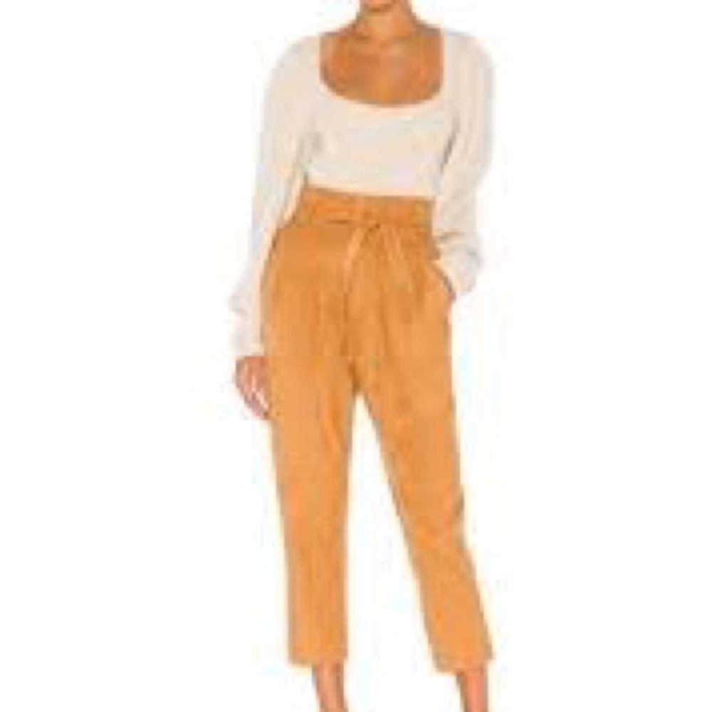 Free People Vegan Suede Paperbag Waist Pants Camel Tan Pleated Tapered Size 2